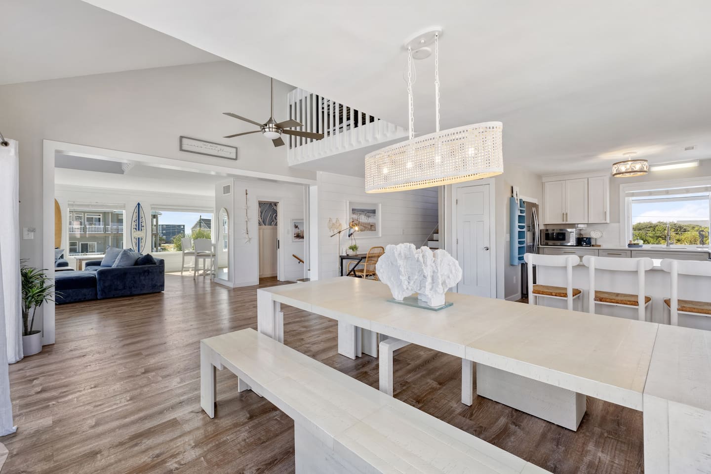 Dining, kitchen, and living open concept
