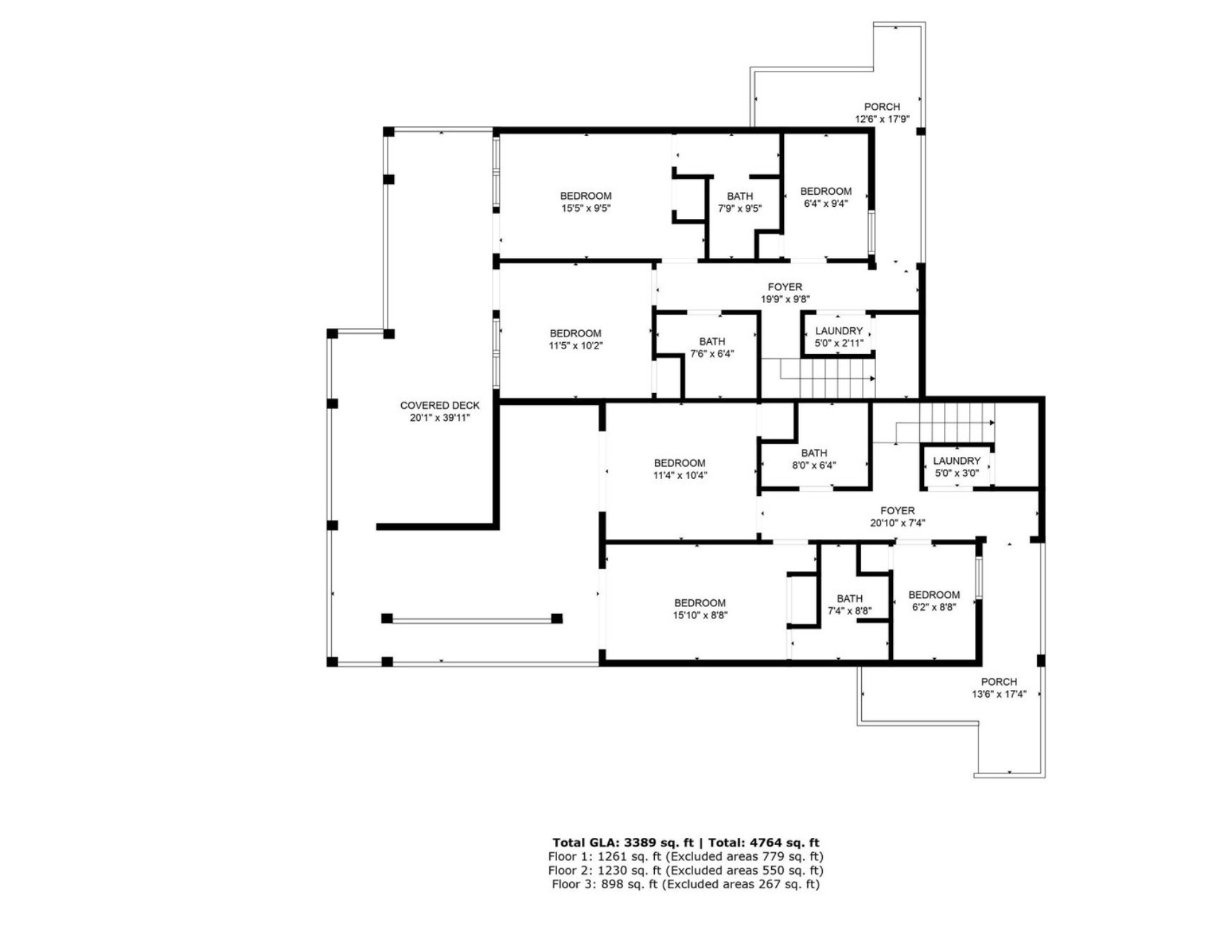 First floor plan with four bedrooms, four baths, laundry, covered deck, and porches