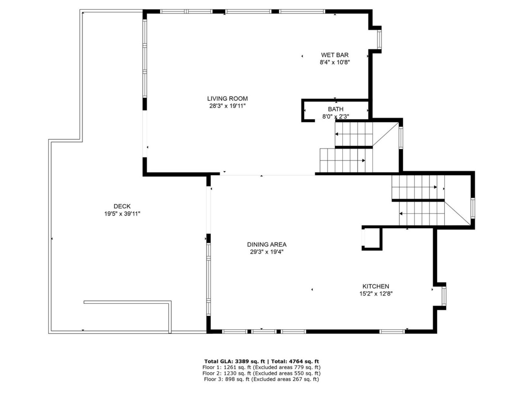 Main floor plan with living room, dining, kitchen, wet bar, half bath, and deck
