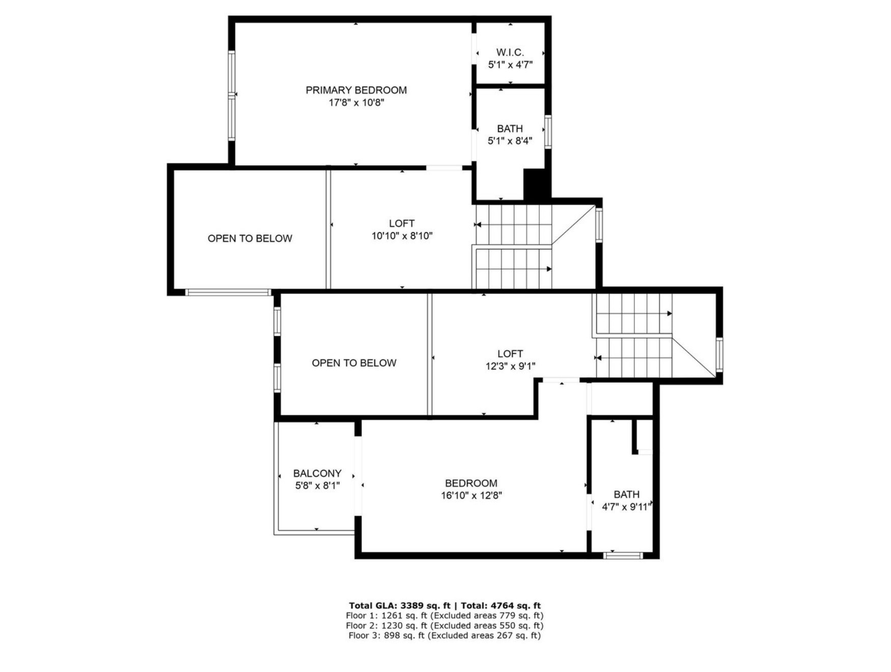 Third floor plan with both master bedrooms, baths, loft, and balcony
