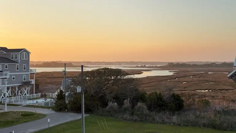 Winter sunset over the marsh and sound from the deck at Topsail Paradise in North Topsail Beach